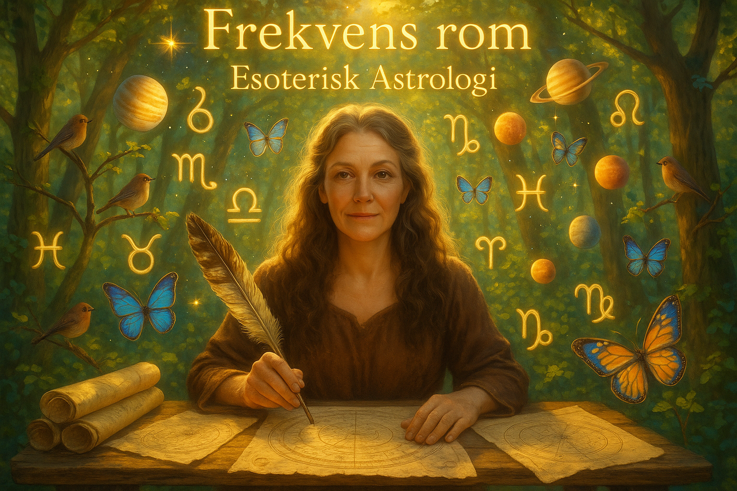 Astrologibilde med planeter, tegn, småfugler og sommerfugler - Frekvens rom