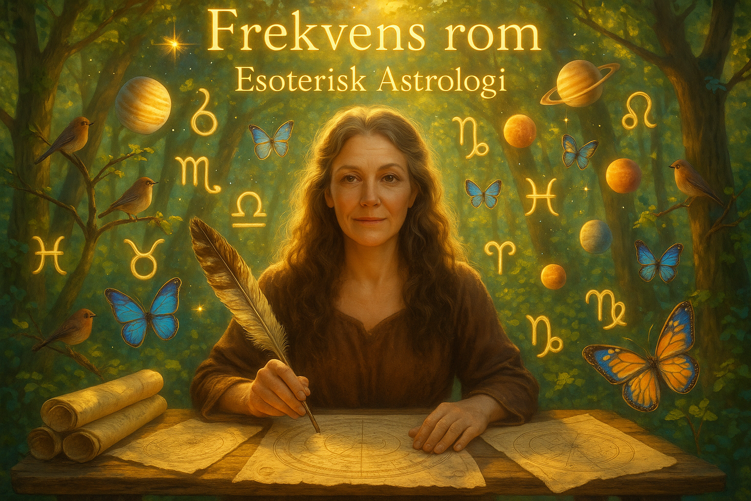 Astrologibilde med planeter, tegn, småfugler og sommerfugler - Frekvens rom