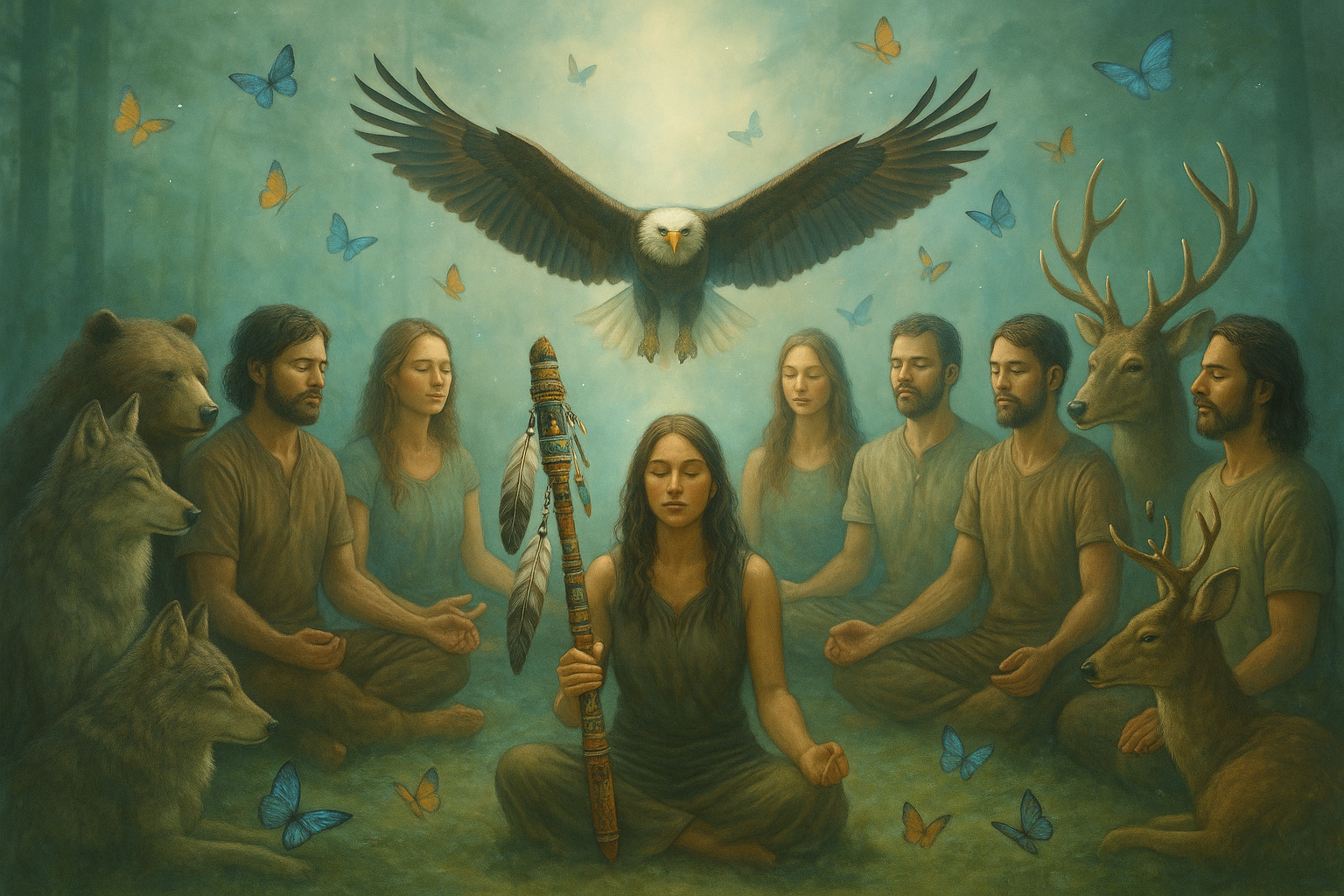 Healing circle with different green shade and large talking stick