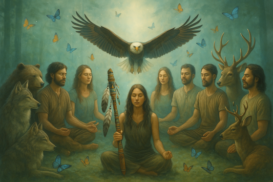 Healing circle with different green shade and large talking stick