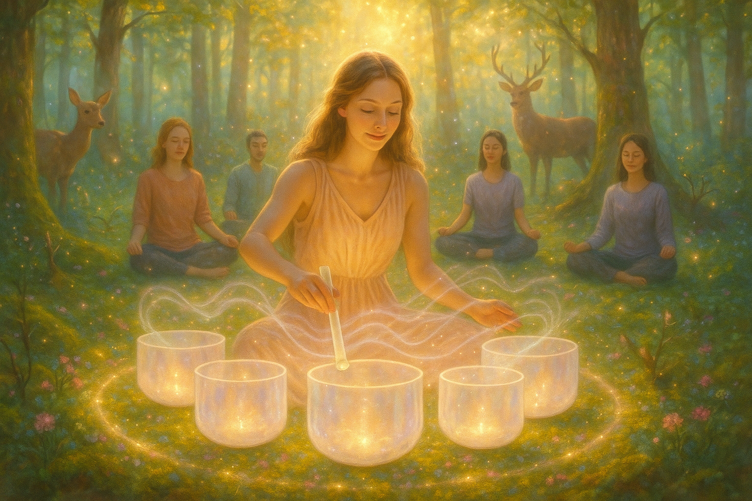 Jente som spiller på krystallskåler med krystallpinne