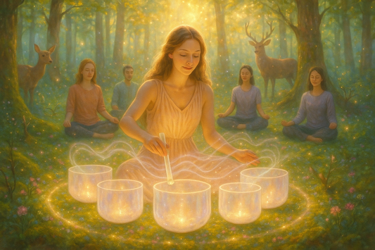 Jente som spiller på krystallskåler med krystallpinne